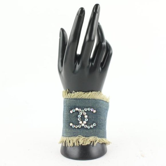 Chanel 01p Denim CC Crystal Logo Cuff Bracelet - Picture 2 of 12